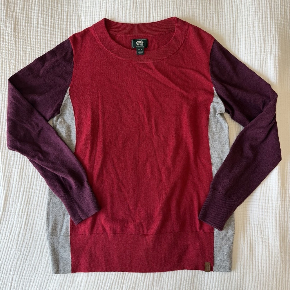 Roots Red Color block Striped Long Sleeve Crew Neck Sweater (M) Cotton Cashmere